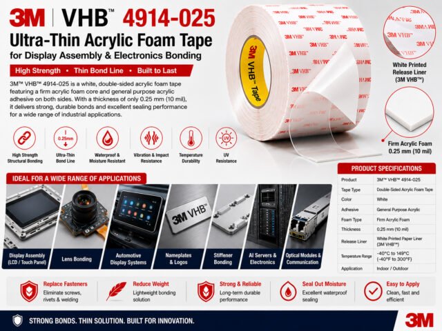 3M VHB 4914-025 Acrylic Foam Tape: Ultra-Thin High-Strength Bonding Solution for Electronics, Automotive Displays & Industrial Assembly