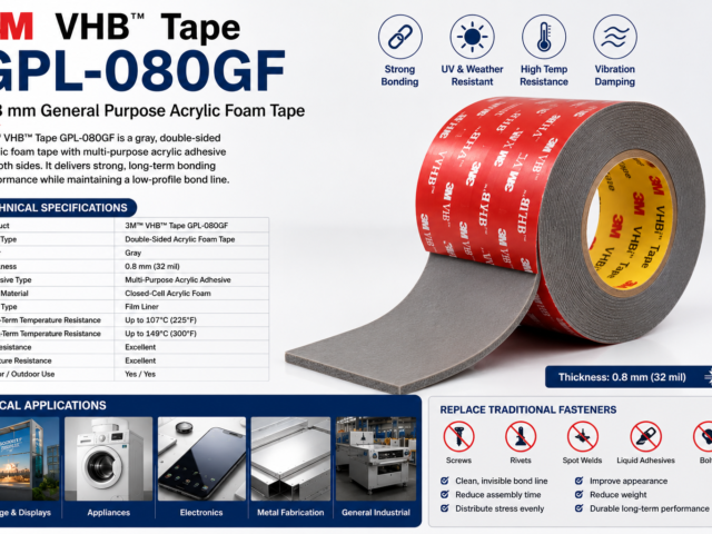 3M™ VHB™ Tape GPL-080GF | 0.8 mm General Purpose Acrylic Foam Tape for Permanent Industrial Bonding