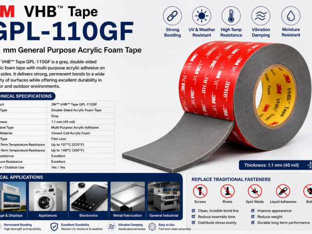 3M™ VHB™ Tape GPL-110GF | 1.1 mm General Purpose Acrylic Foam Tape for Permanent Industrial Bonding