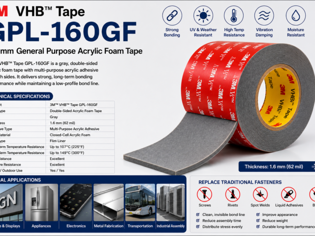 3M™ VHB™ Tape GPL-160GF | 1.6 mm General Purpose Acrylic Foam Tape for Permanent Industrial Bonding