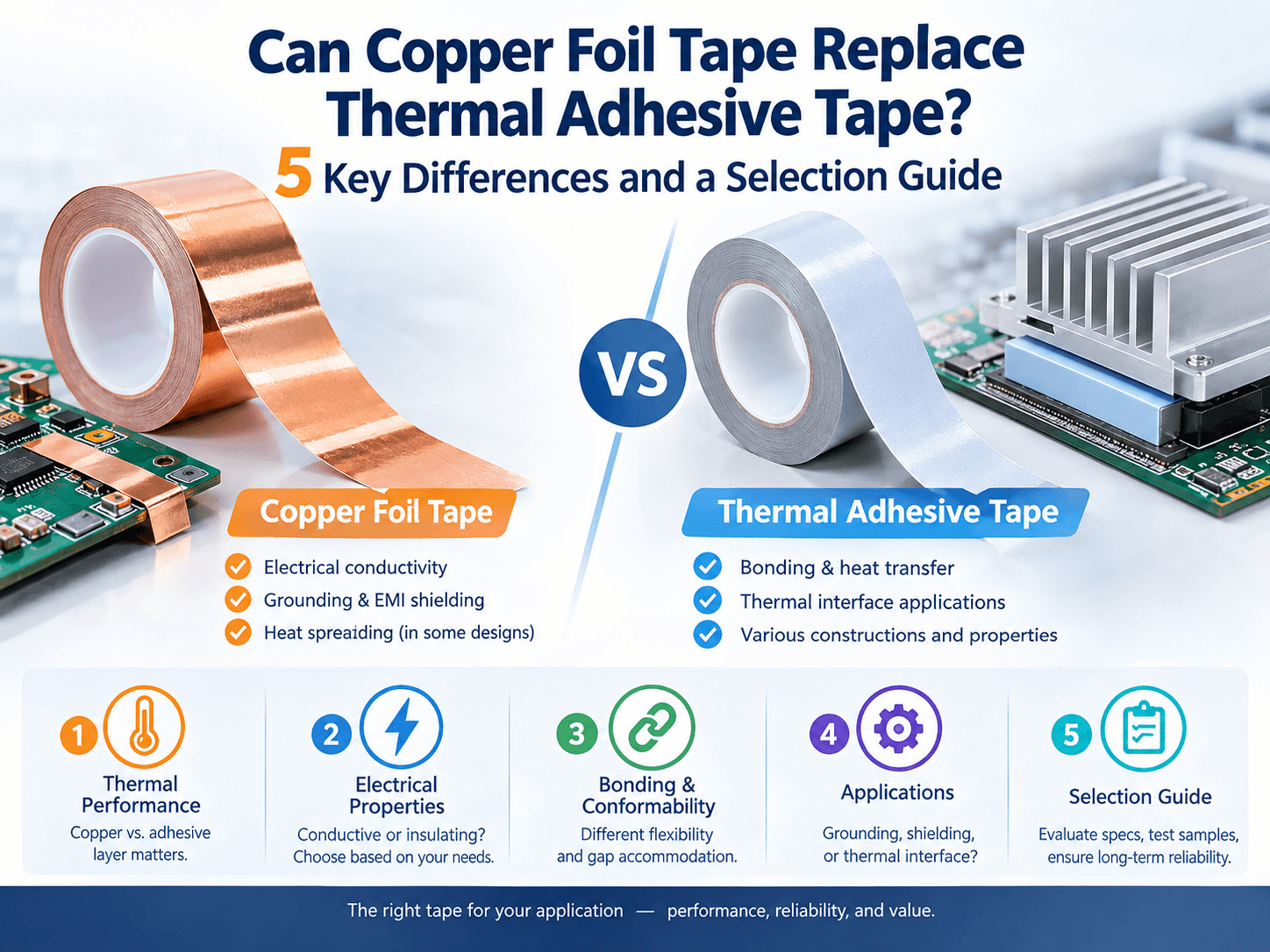 Comparison of copper foil tape and thermal adhesive tape constructions Comparison of copper foil tape and thermal adhesive tape constructions